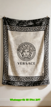 Versace Grey Black Fur Texture Medusa Greek Key Printed Flannel Throw Blanket IMG_1281
